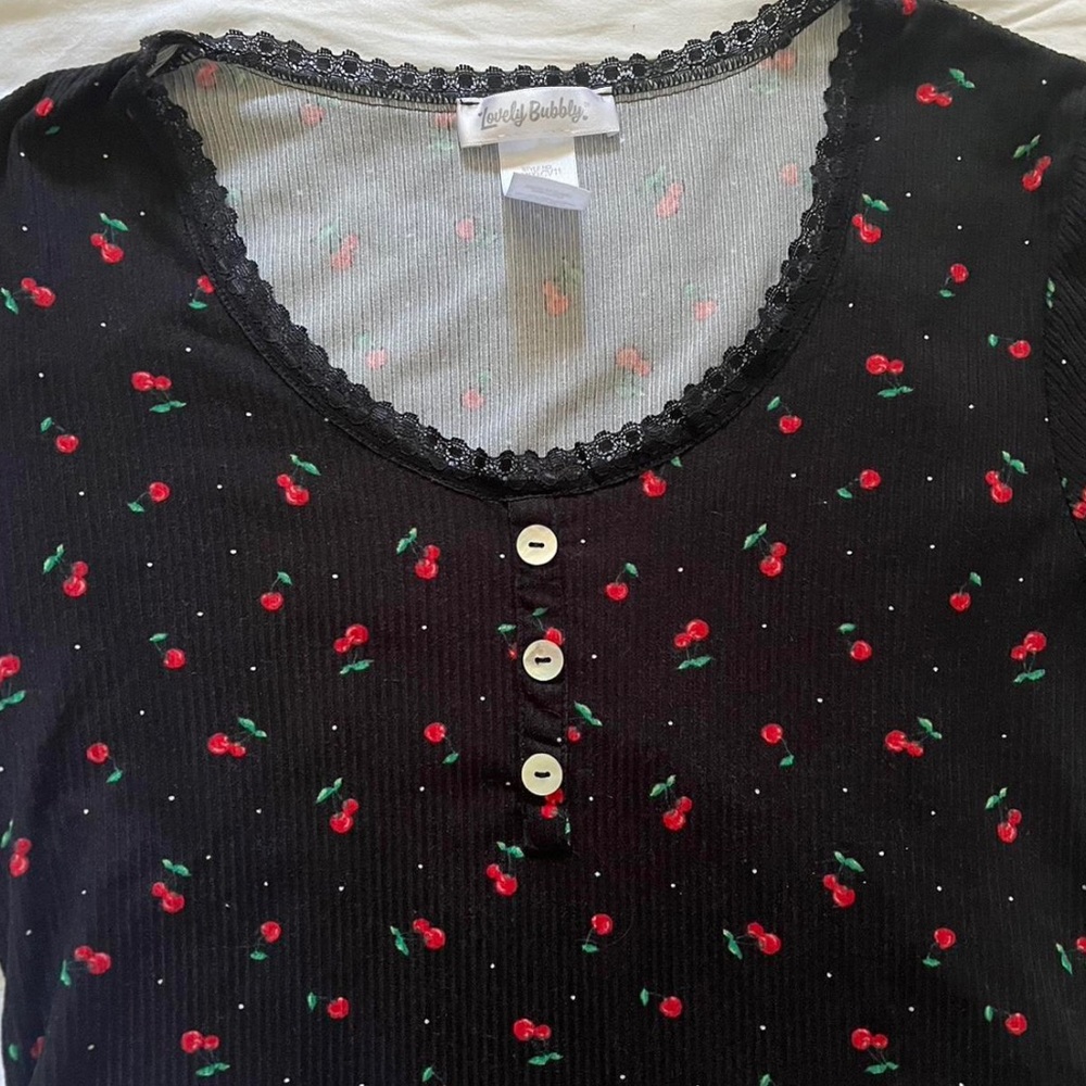 Black Lace Trim Button Down with Cherries